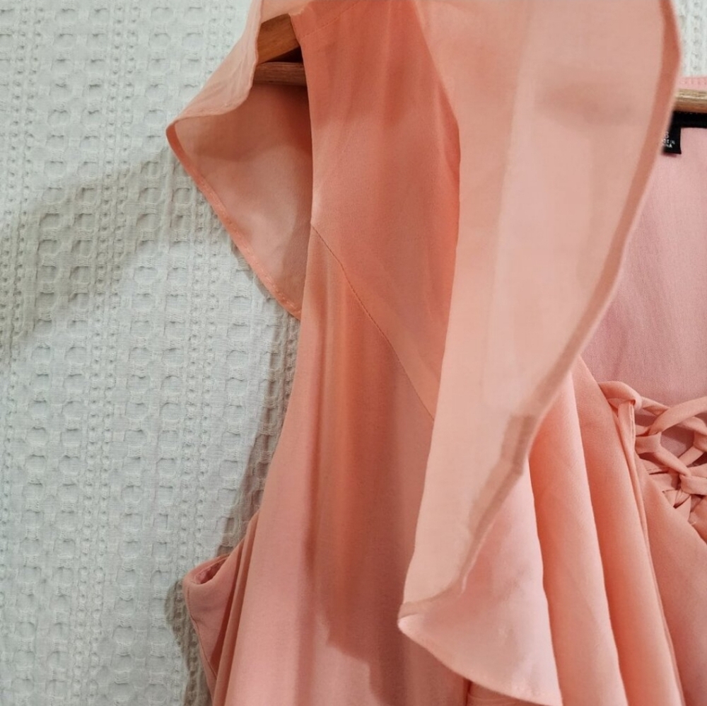 torrid | Apricot Lace Up High Low Ruffle Tier Layered Midi Dress - Picture 8 of 16